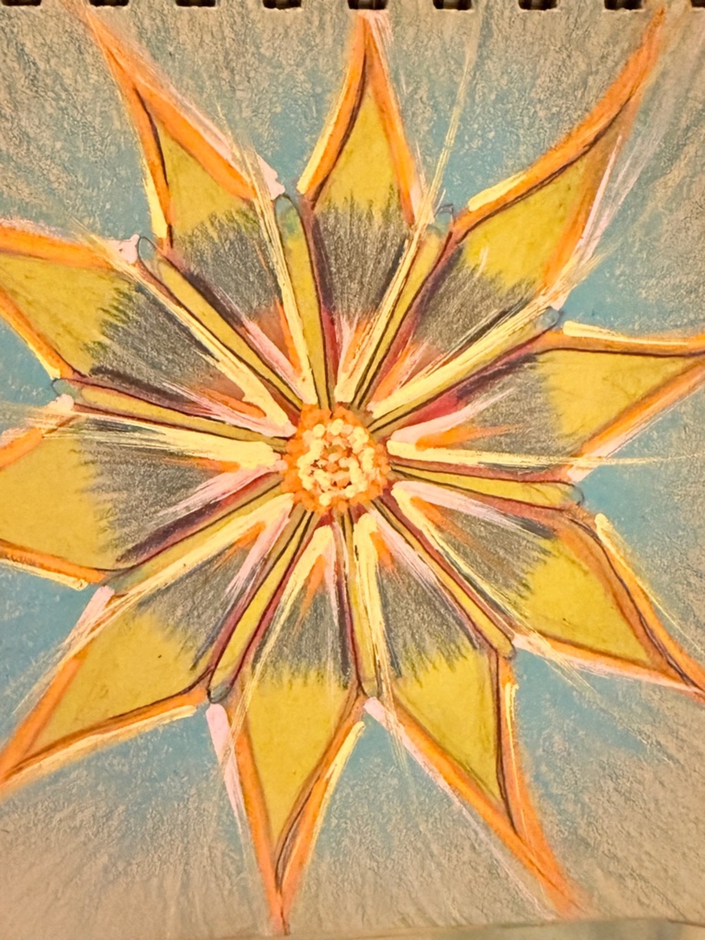 Handmade Sunburst Floral Pastel Artwork - Yellow & Blue
